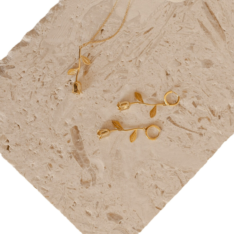 Dangling Rose Earrings, Gold-Plated, Dangle Rose Charm Huggie Hoops - Image 4