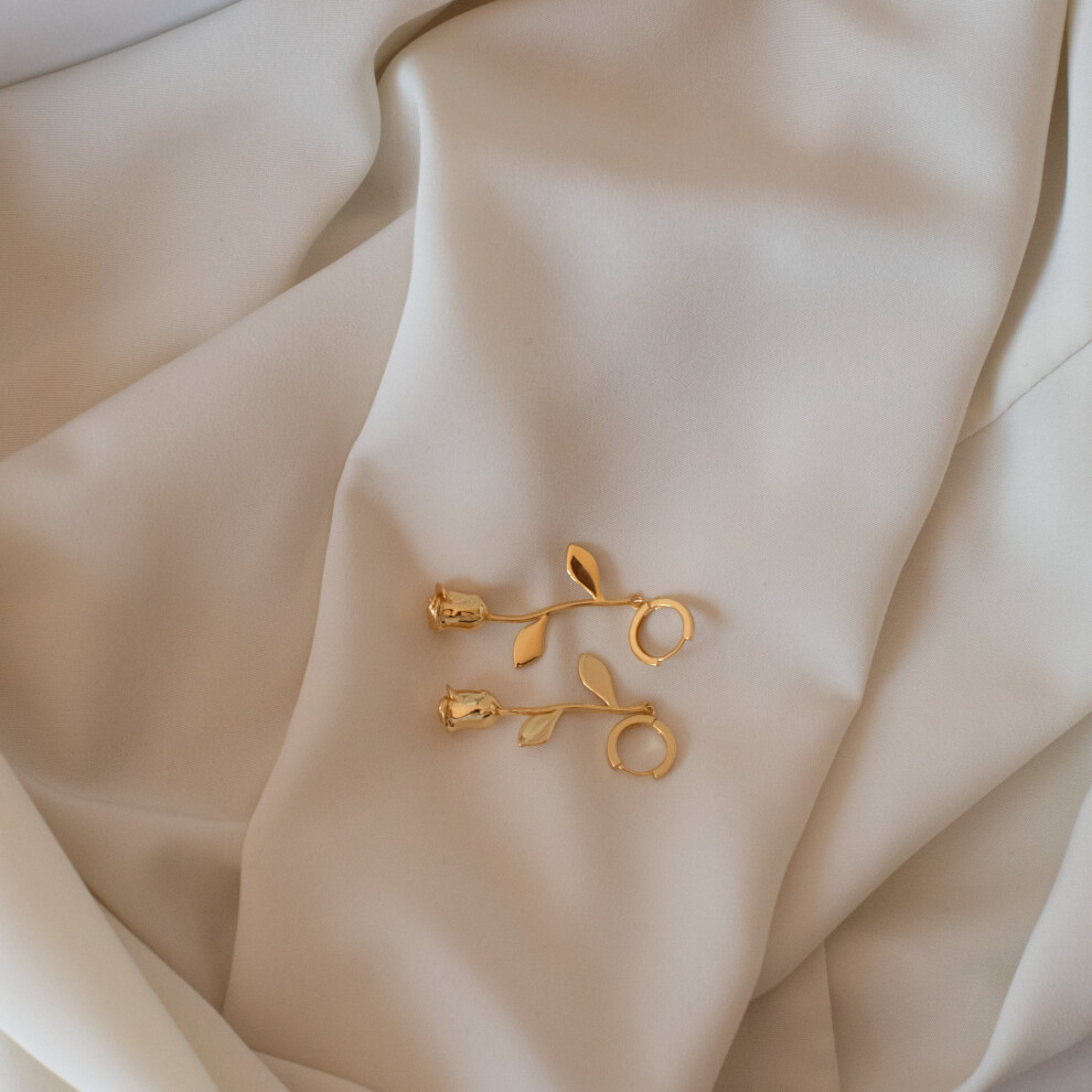 Dangling Rose Earrings, Gold-Plated, Dangle Rose Charm Huggie Hoops - Image 5