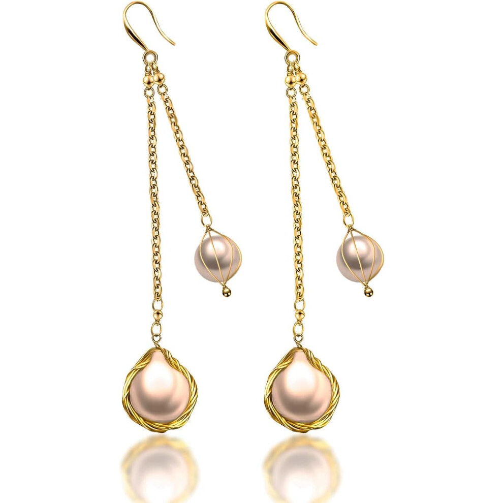 (Double Dangle) 18K Gold Plated S925 Sterling Silver Drop &Dangle Earrings Geniune Pearl Earrings for Girls &Women - Image 2