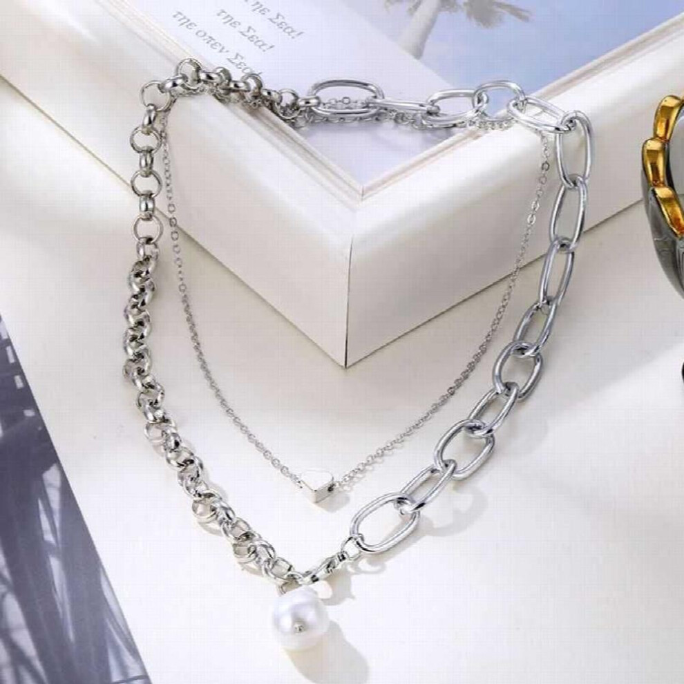 Double Layered Bohemian Choker Necklace With Heart Shaped Pendant, Strand Necklace, Stylish For 2 Pearl Necklace() - Image 2