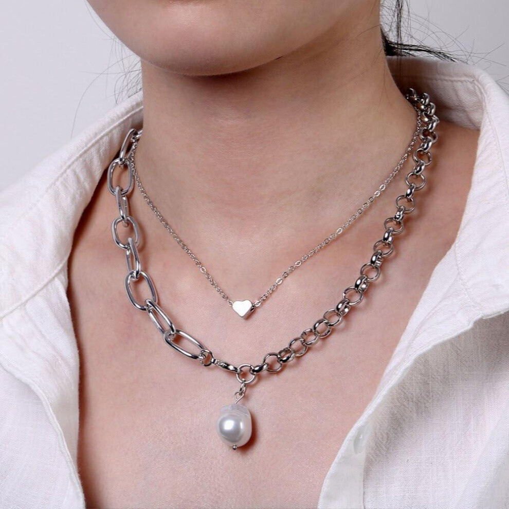 Double Layered Bohemian Choker Necklace With Heart Shaped Pendant, Strand Necklace, Stylish For 2 Pearl Necklace() - Image 4