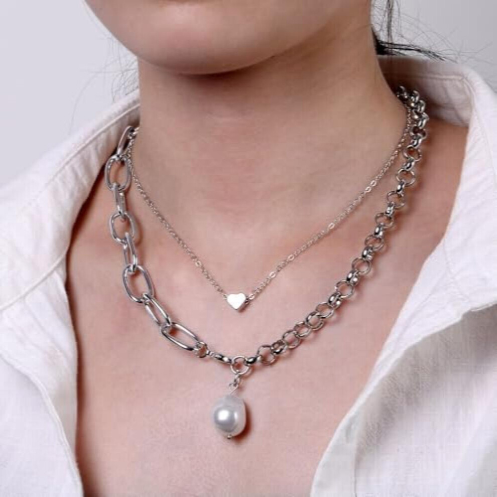 Double Layered Bohemian Choker Necklace With Heart Shaped Pendant, Strand Necklace, Stylish For 2 Pearl Necklace() - Image 5