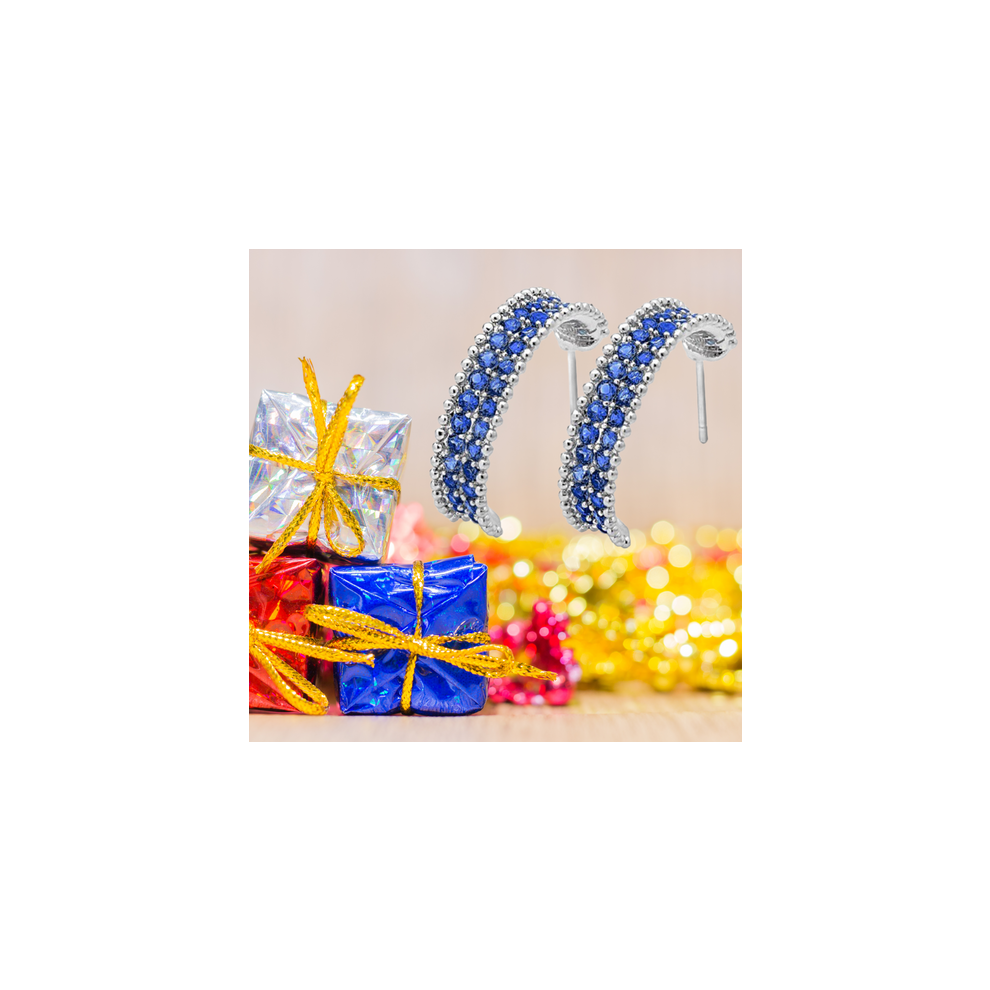 Elegant Curved Shape Blue Cubic Zirconia Crystal C Hoop Earrings - Image 5