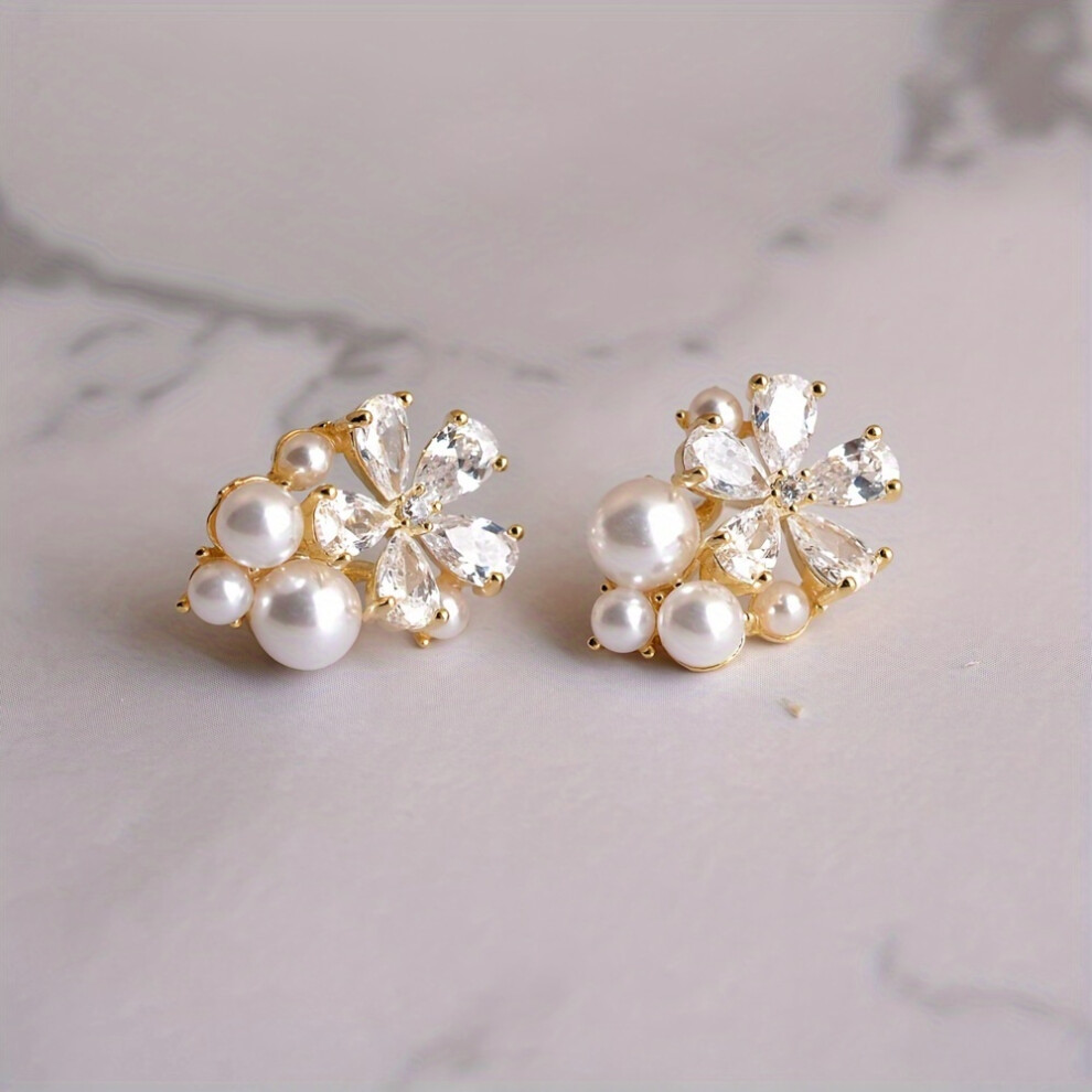 Elegant Delicate Flower Stud Earrings with Imitation Pearl Design for Women - Luxury Alloy Jewelry for Compact Ear Decor - Image 2