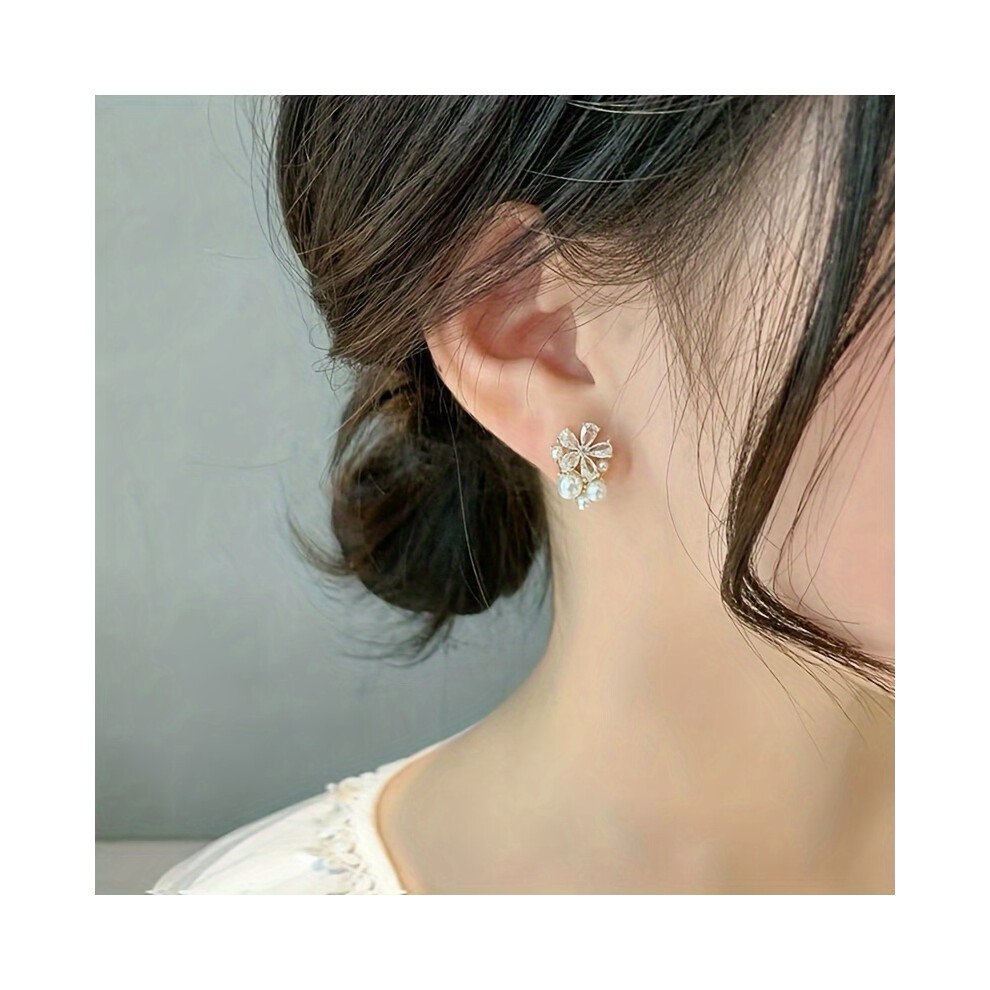 Elegant Delicate Flower Stud Earrings with Imitation Pearl Design for Women - Luxury Alloy Jewelry for Compact Ear Decor - Image 3