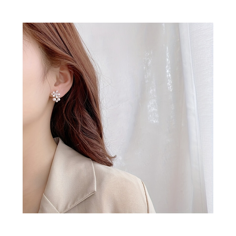 Elegant Delicate Flower Stud Earrings with Imitation Pearl Design for Women - Luxury Alloy Jewelry for Compact Ear Decor - Image 4