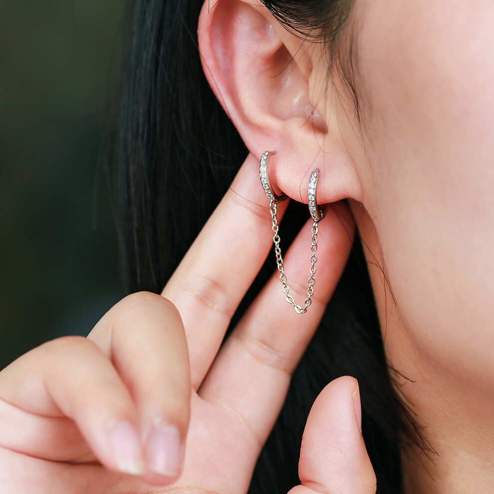 Elegant Pave Ear Cuff Chain Earrings, Diamond Stud Dangle in Silver - Image 2