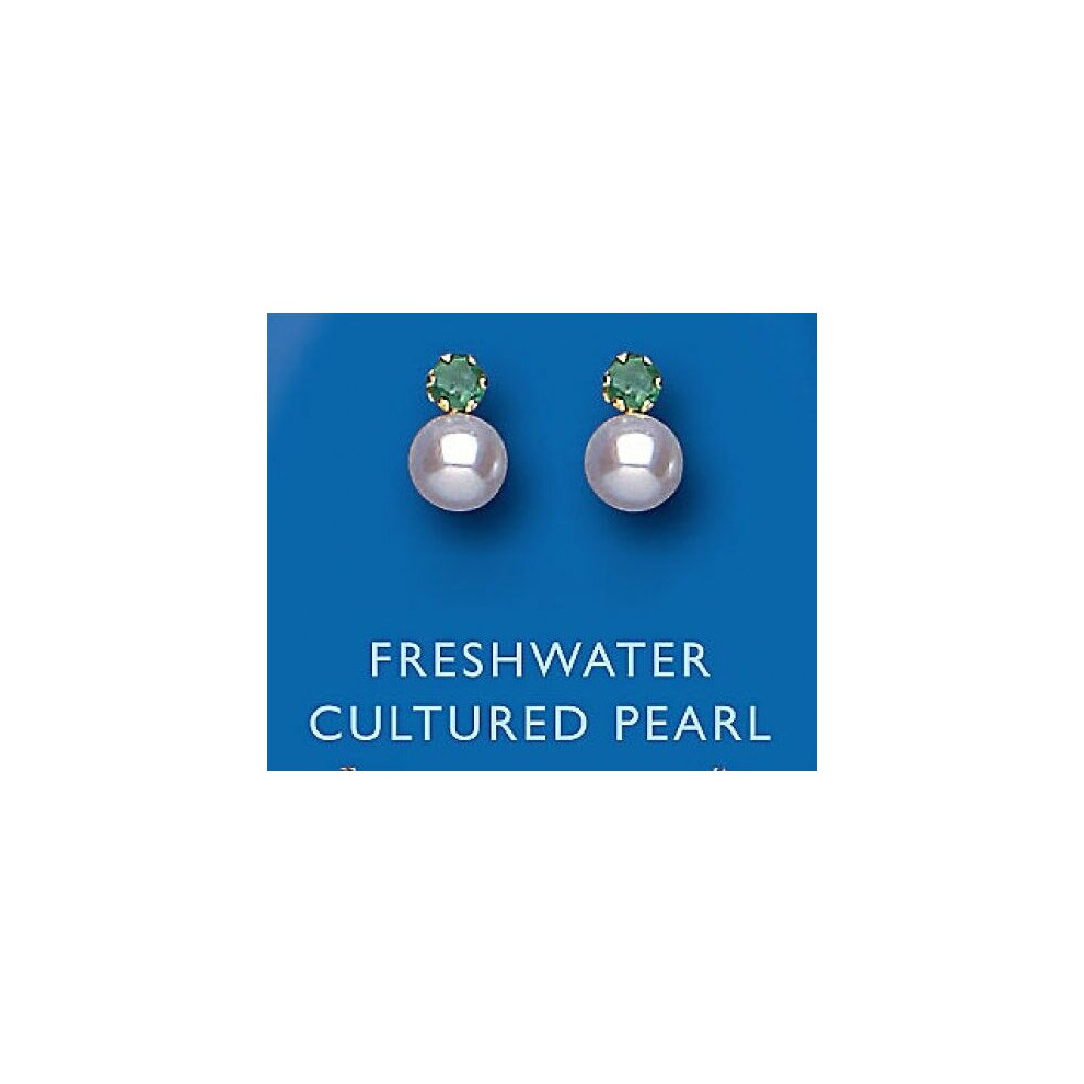 Emerald and Pearl Earrings Solid 9 Carat Yellow Gold Studs Natural Stones - Image 3
