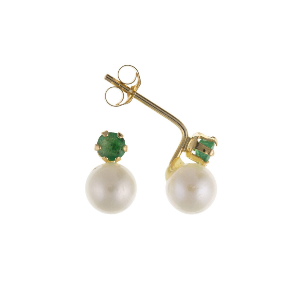 Emerald and Pearl Earrings Solid 9 Carat Yellow Gold Studs Natural Stones