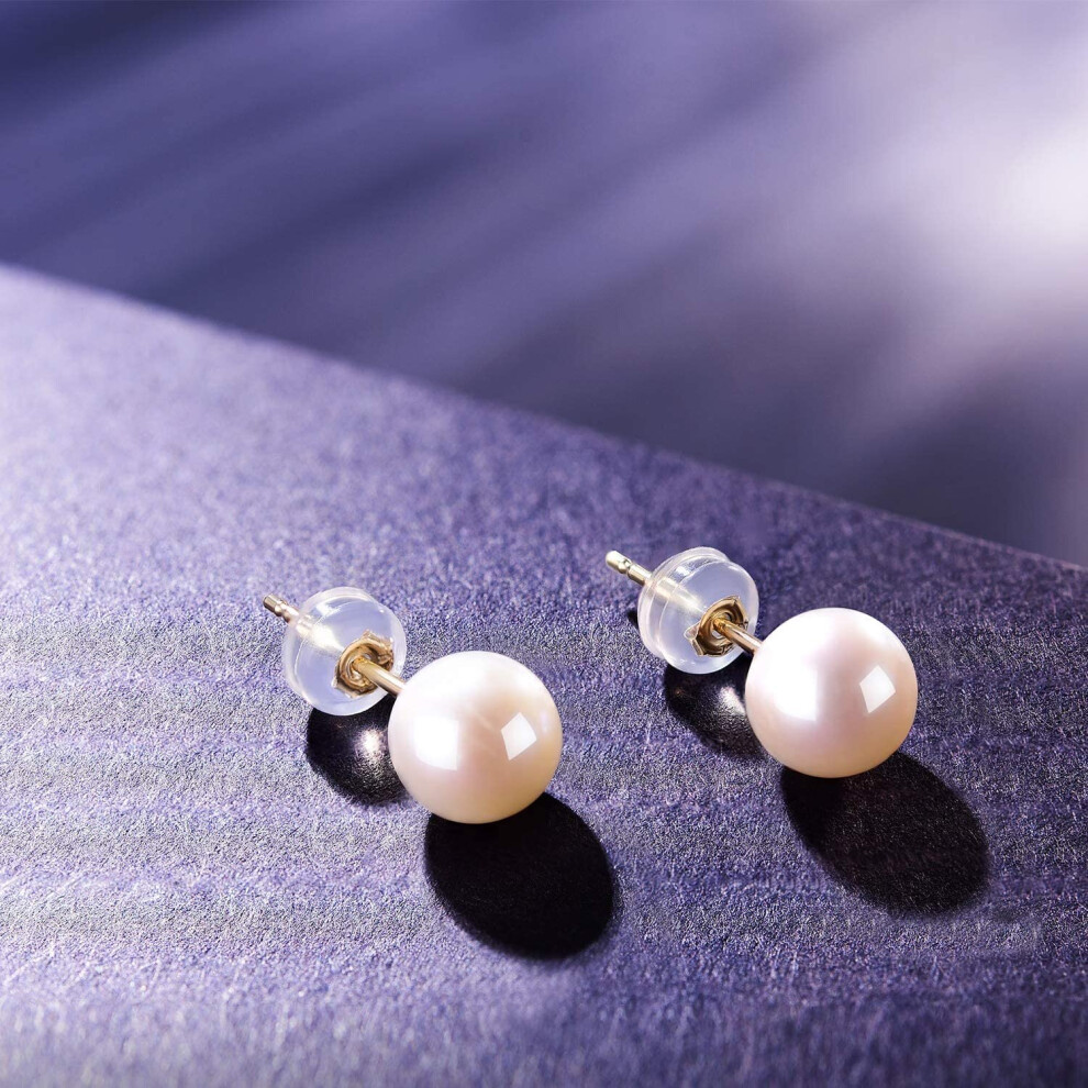 Esberry 14K Gold AAAA+ Handpicked Near Round Freshwater Cultured White Pearl Earrings Studs Set for Women and Girls - Image 2