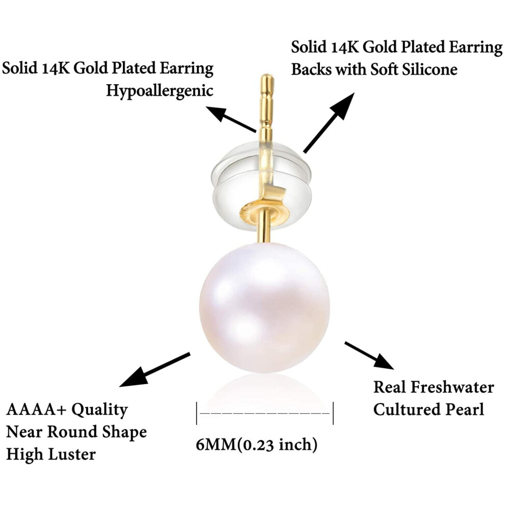 Esberry 14K Gold AAAA+ Handpicked Near Round Freshwater Cultured White Pearl Earrings Studs Set for Women and Girls - Image 3