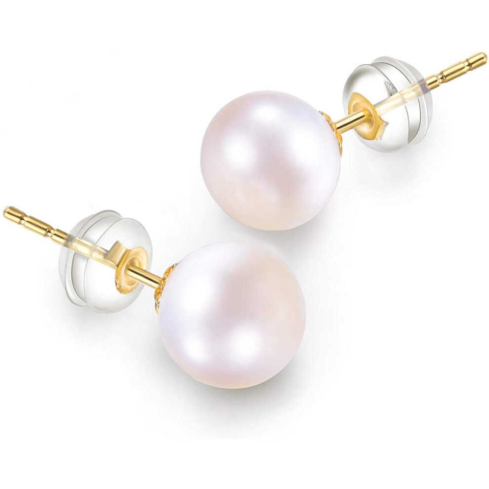 Esberry 14K Gold AAAA+ Handpicked Near Round Freshwater Cultured White Pearl Earrings Studs Set for Women and Girls