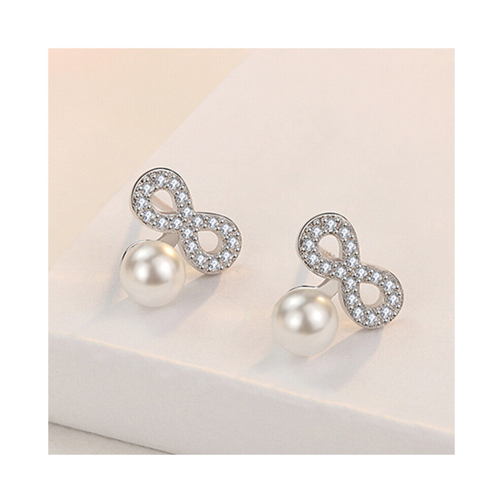 Female Earrings 925 Silver Needle Bowknot Infinity Eternal Endless Pearl Earrings For Women Zircon Jewelry Gift - Image 2