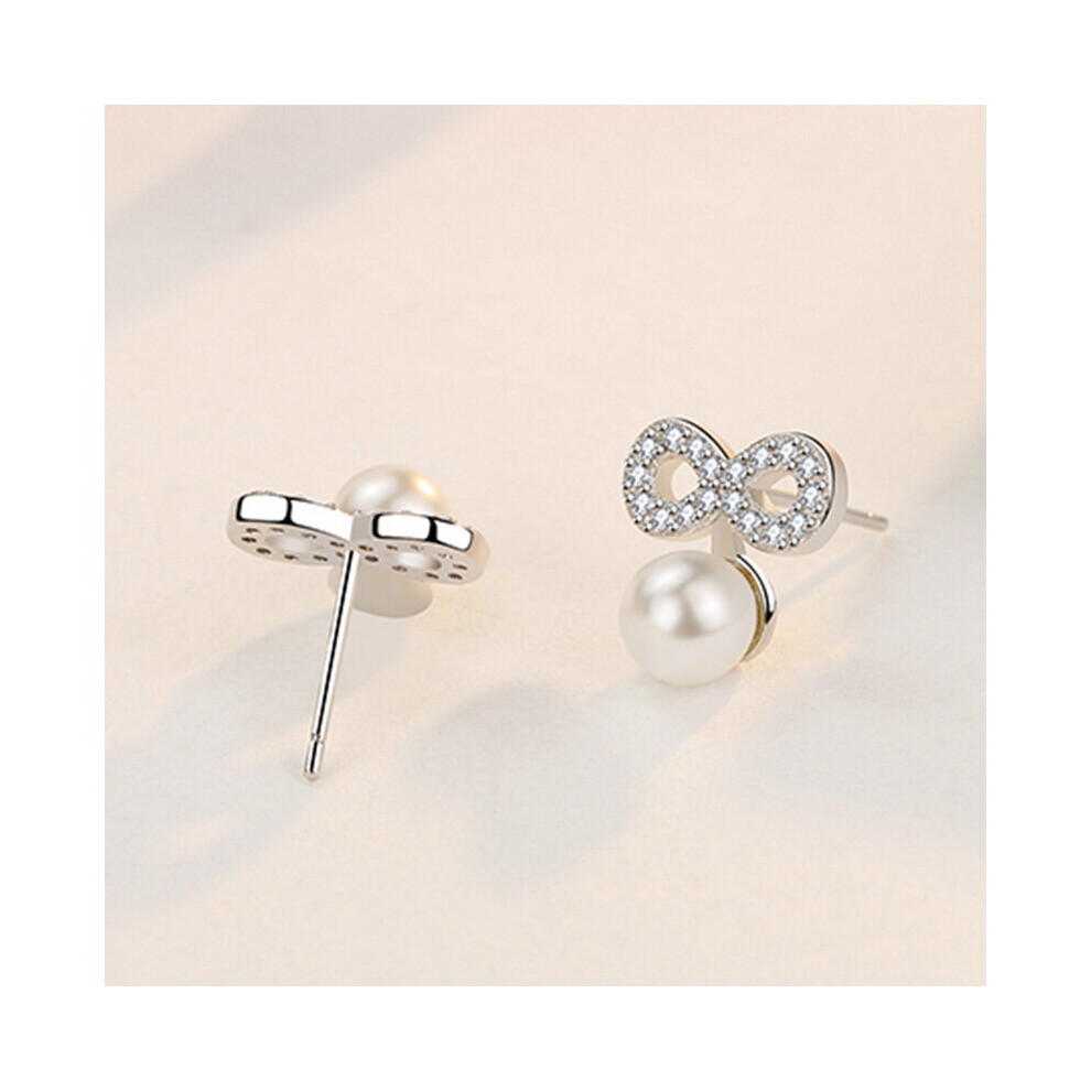 Female Earrings 925 Silver Needle Bowknot Infinity Eternal Endless Pearl Earrings For Women Zircon Jewelry Gift - Image 3