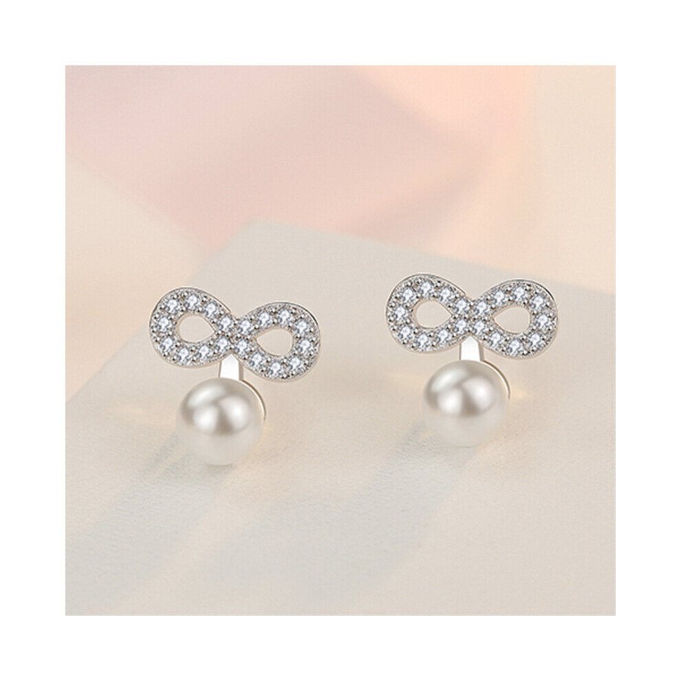 Female Earrings 925 Silver Needle Bowknot Infinity Eternal Endless Pearl Earrings For Women Zircon Jewelry Gift