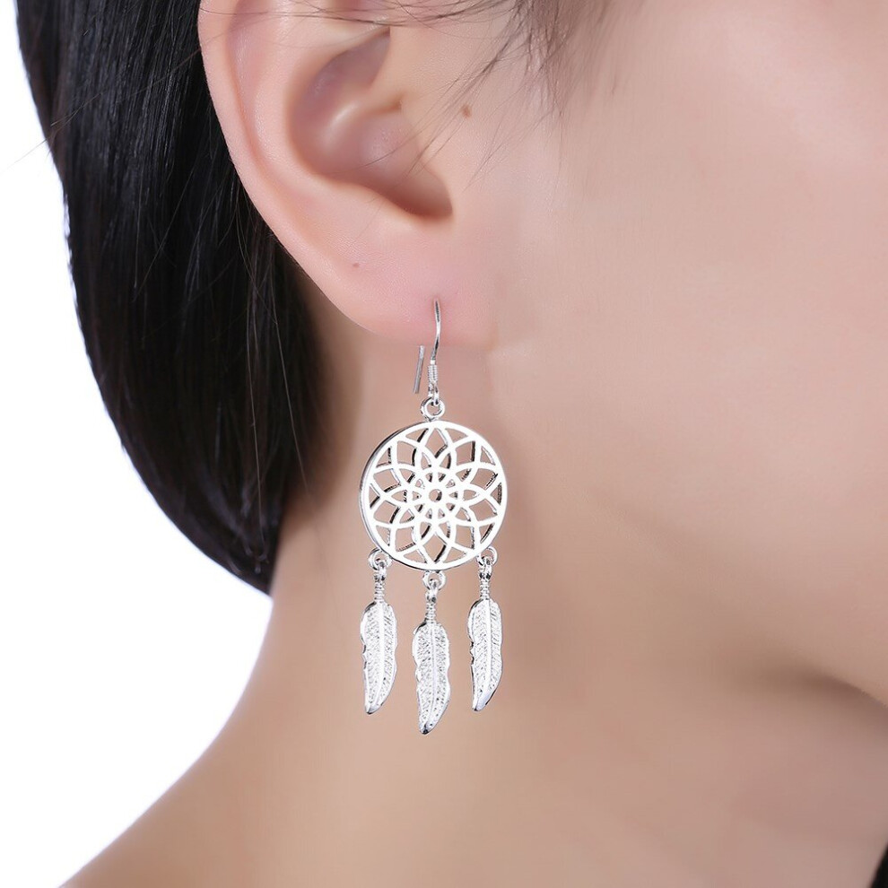 Fine 925 Sterling Silver fine Dream catcher feathers earrings for woman party wedding Jewelry