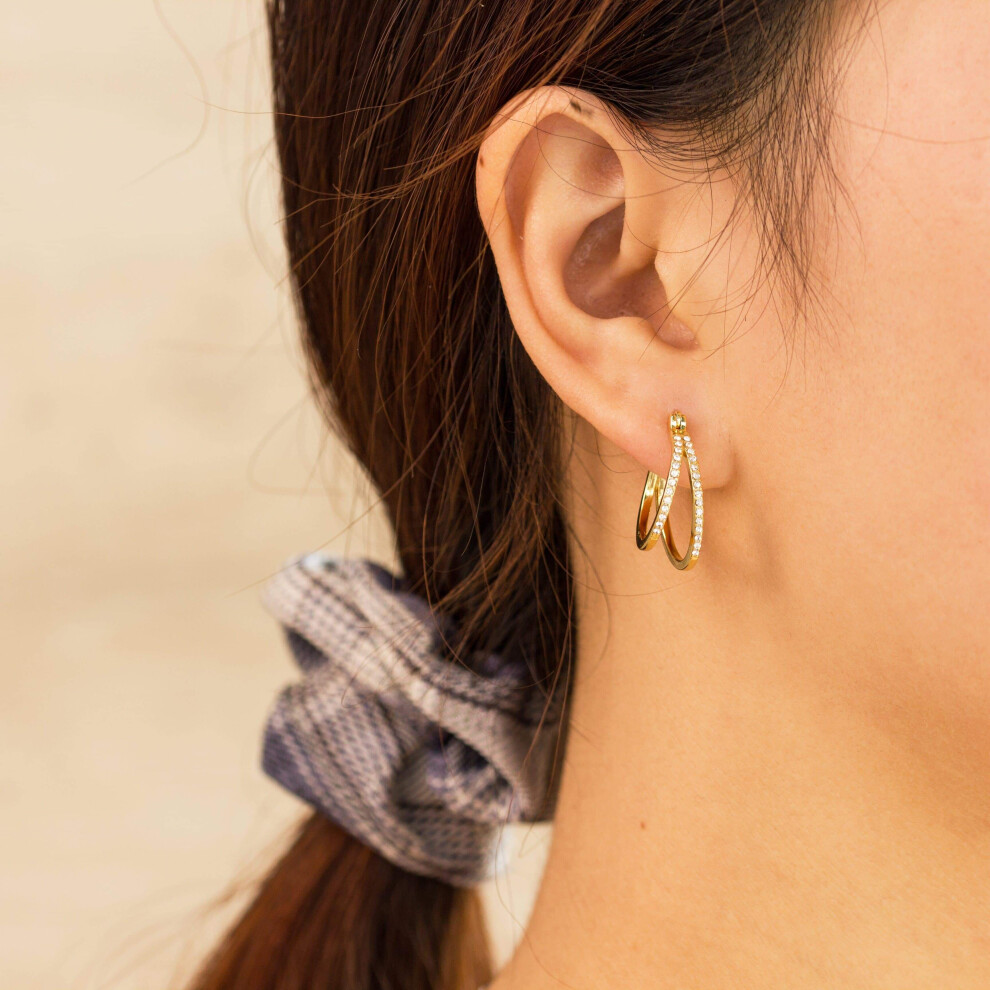 Gold Plated Double Hoop Earrings Created with Swarovski Crystals - Image 3