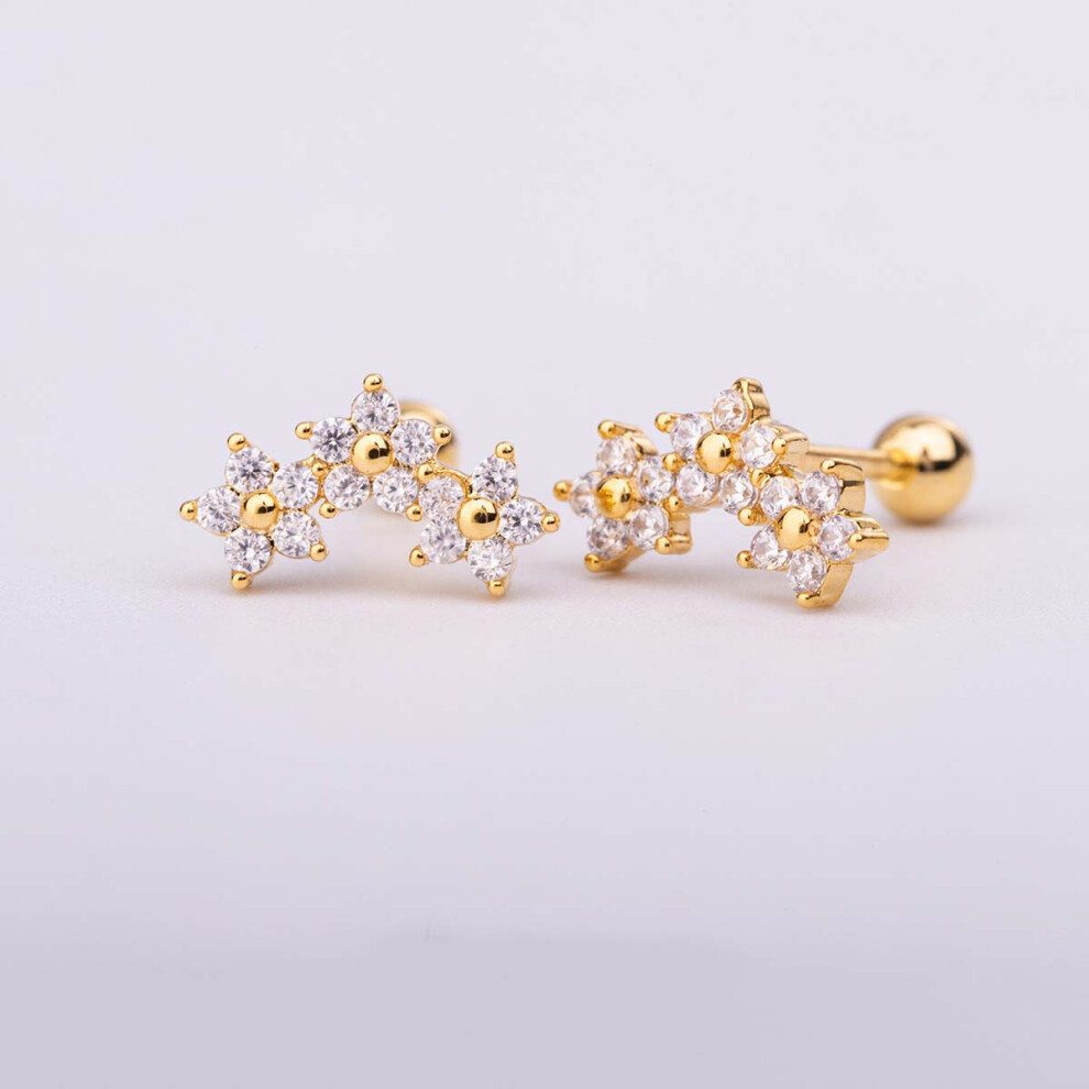 Gold Small Triple Flower Stud Earrings, Helix Stud, Labret Stud