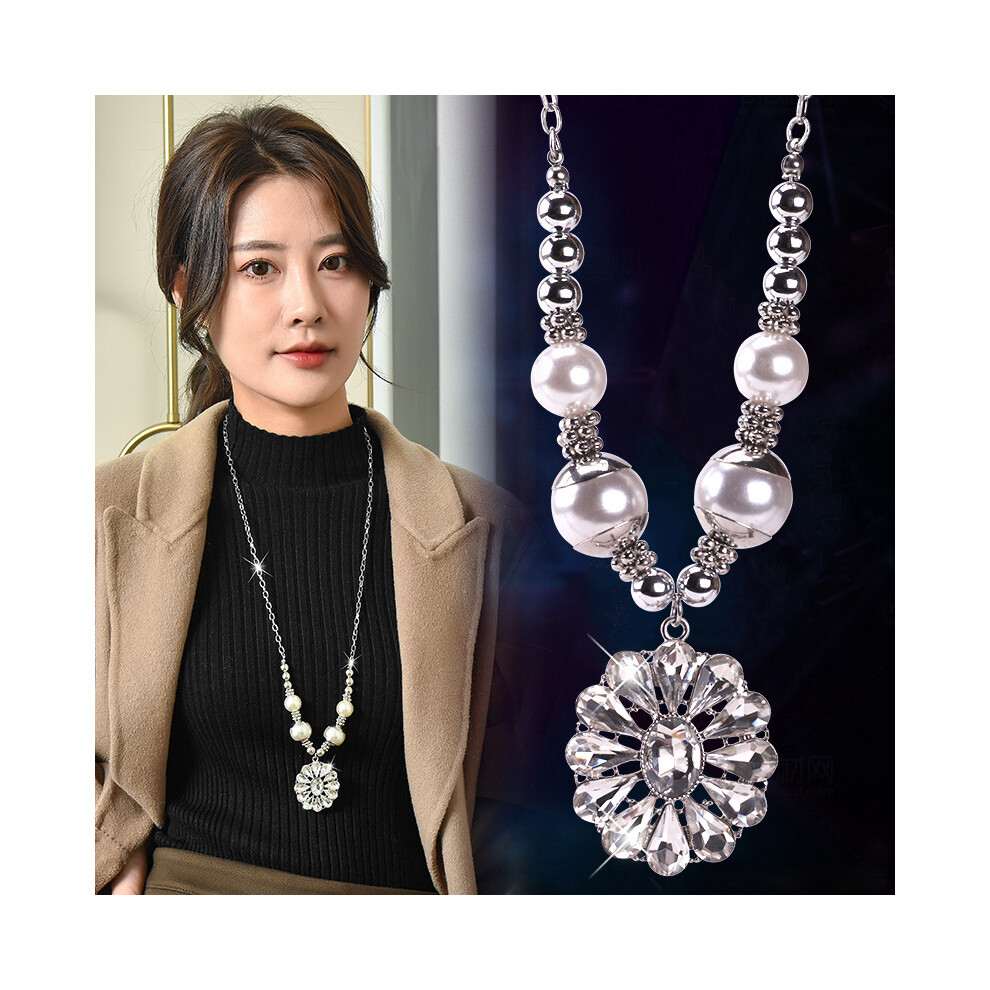 Gorgeous Womens Long Crystal Flower Pendant Necklace In Elegant Korean Pearl Style - Image 2