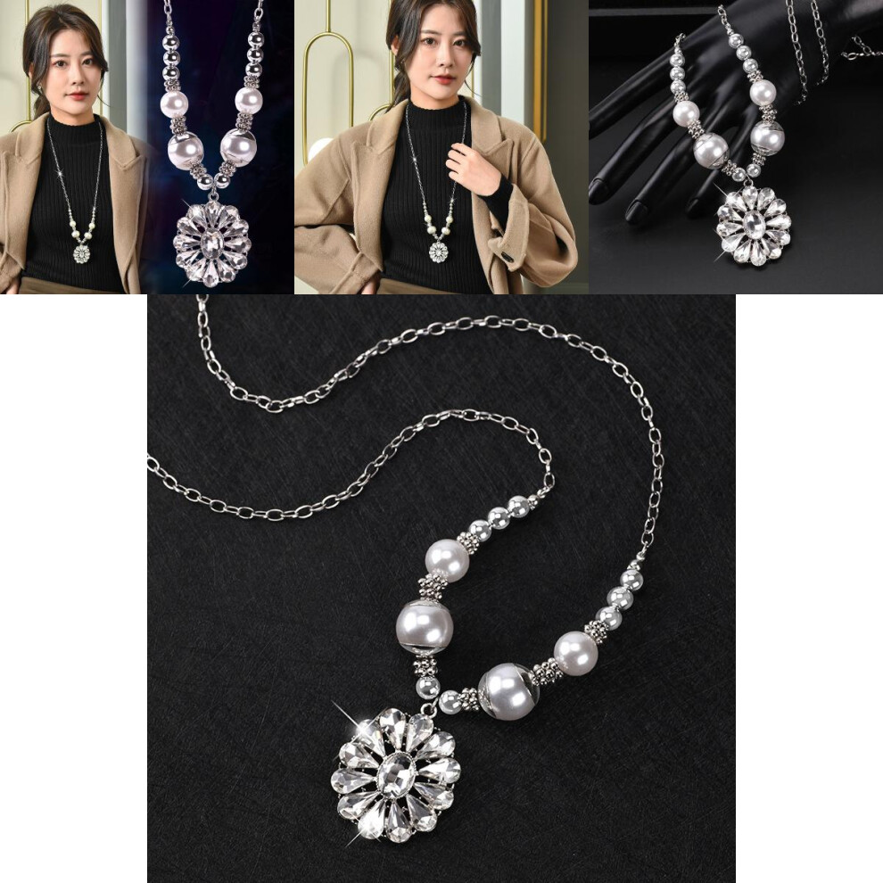 Gorgeous Womens Long Crystal Flower Pendant Necklace In Elegant Korean Pearl Style - Image 3