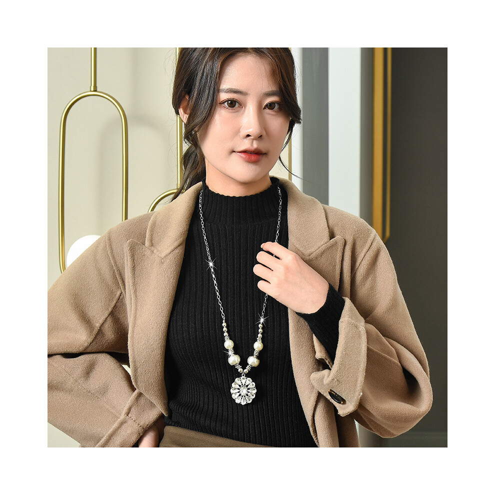 Gorgeous Womens Long Crystal Flower Pendant Necklace In Elegant Korean Pearl Style - Image 4