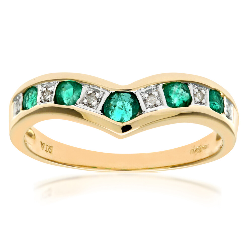 (H) Jewelco London 9ct Yellow Gold Emerald & Diamond Wishbone Ring
