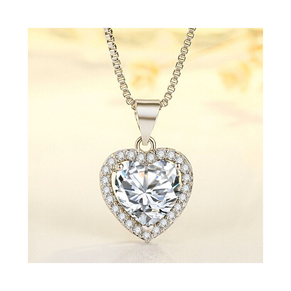 Heart Crystal Pendant 925 Sterling Silver Chain Necklace Women Ladies Jewellery