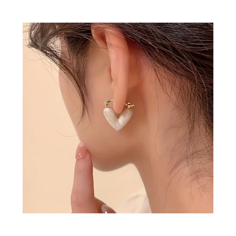 Heart Shape White Synthetic Gems Decor Hoop Earrings Elegant Style Alloy 14K Gold Plated Jewelry Gift For Lovers - Image 3