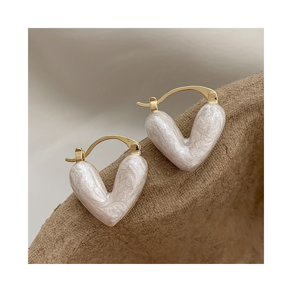 Heart Shape White Synthetic Gems Decor Hoop Earrings Elegant Style Alloy 14K Gold Plated Jewelry Gift For Lovers - Image 5