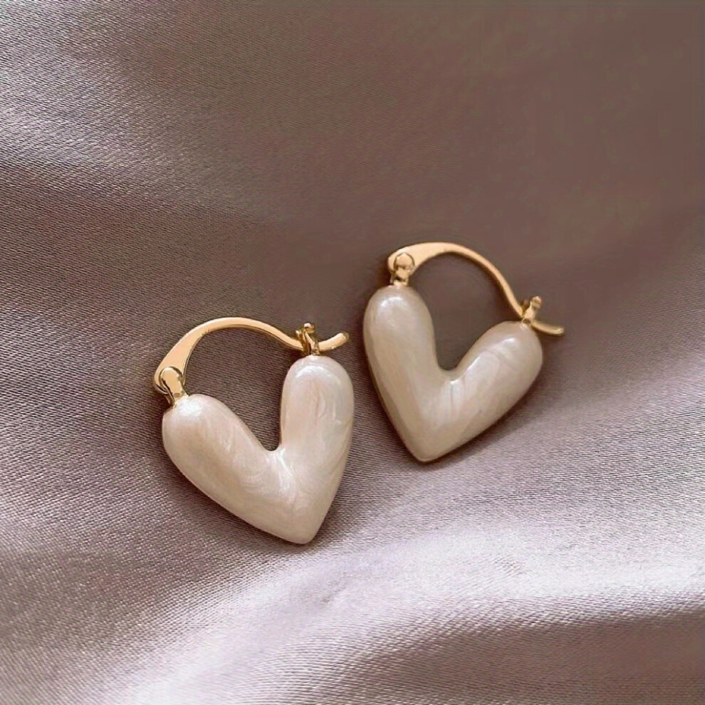 Heart Shape White Synthetic Gems Decor Hoop Earrings Elegant Style Alloy 14K Gold Plated Jewelry Gift For Lovers - Image 6