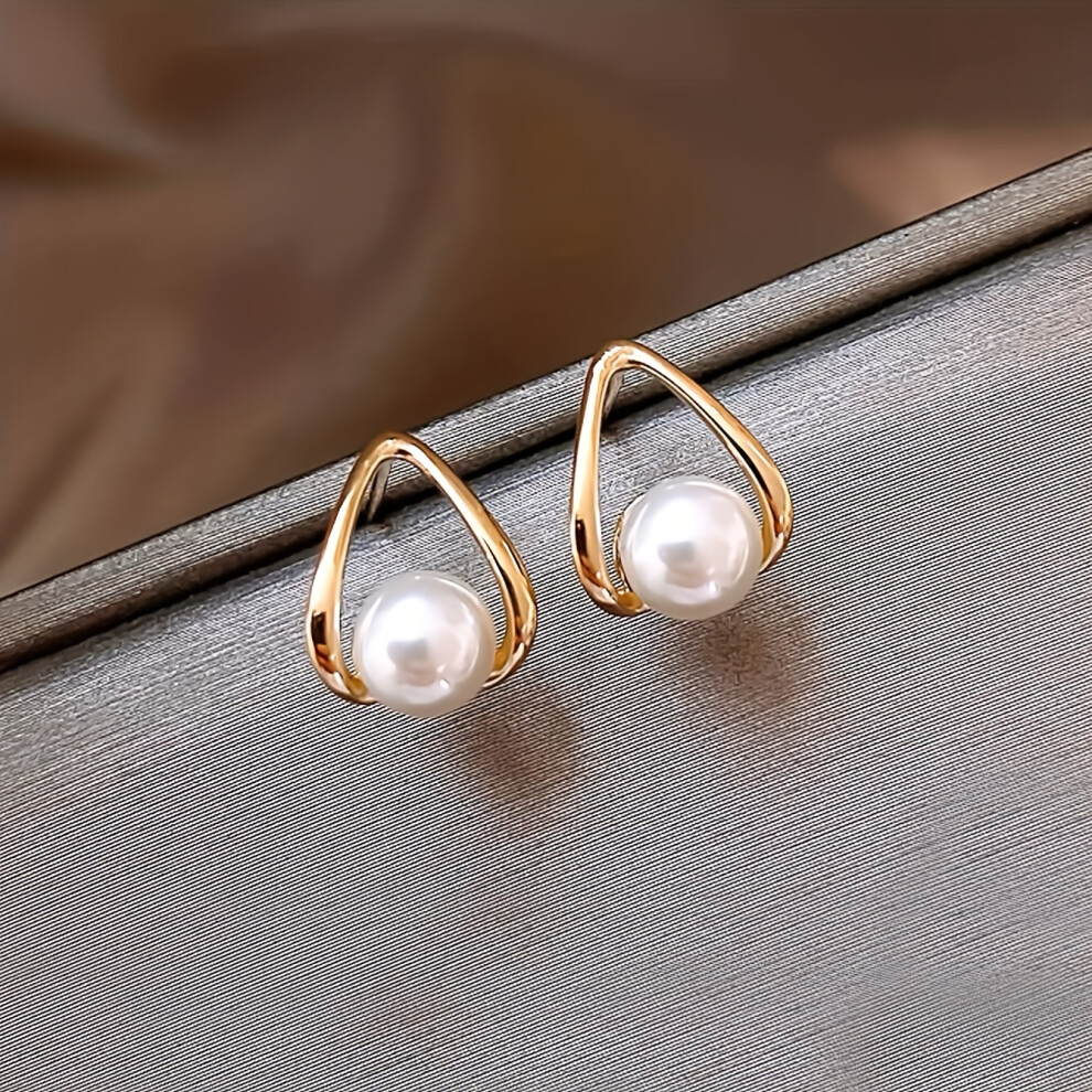 Hollow Geometric Stud Earrings Embellished With Imitation Pearl Vintage Elegant Style For Women Dating Ear Decor - Image 5
