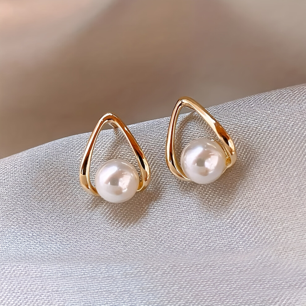Hollow Geometric Stud Earrings Embellished With Imitation Pearl Vintage Elegant Style For Women Dating Ear Decor - Image 6