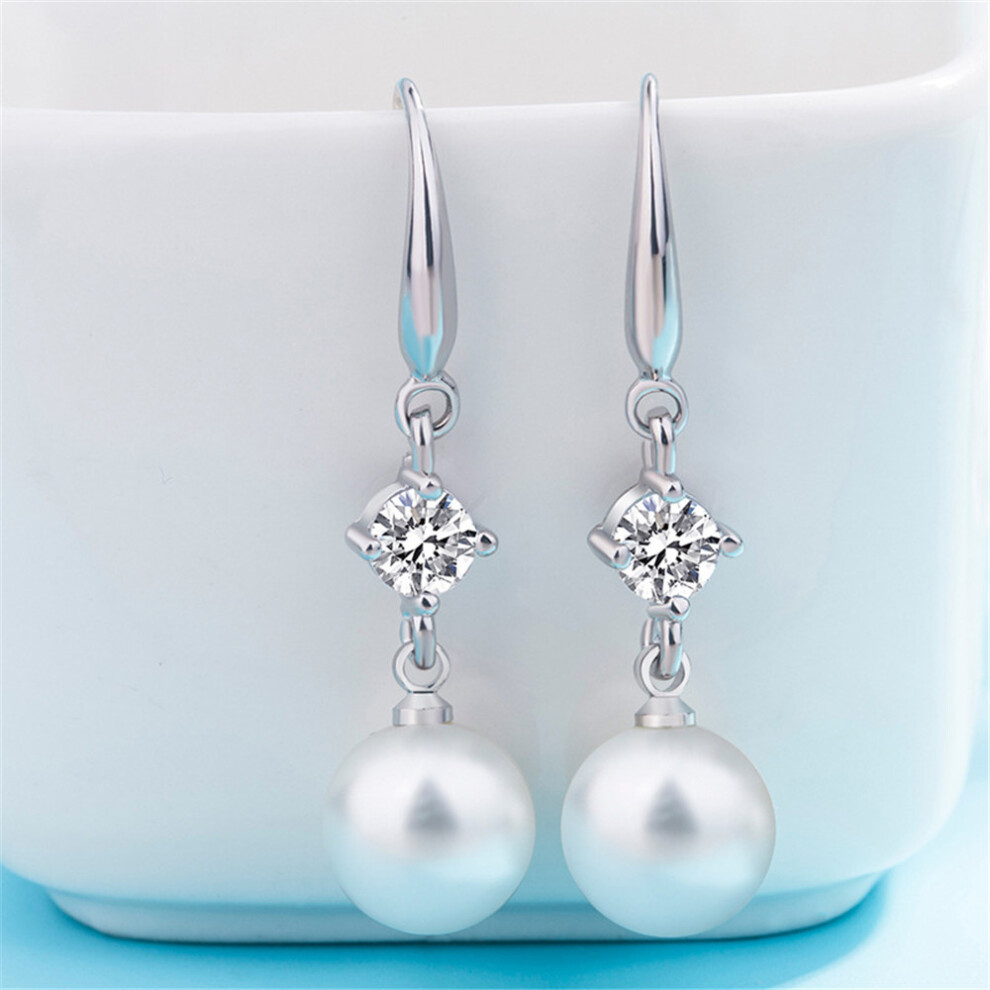 Imitation Pearl Zircon Copper Plated White Gold Elegant Round Earrings for Women - Image 7