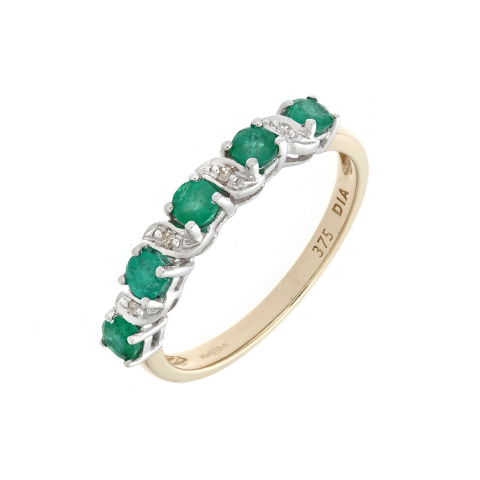 (J) Jewelco London 9ct Yellow Gold Emerald And Diamond Eternity Ring - Image 2