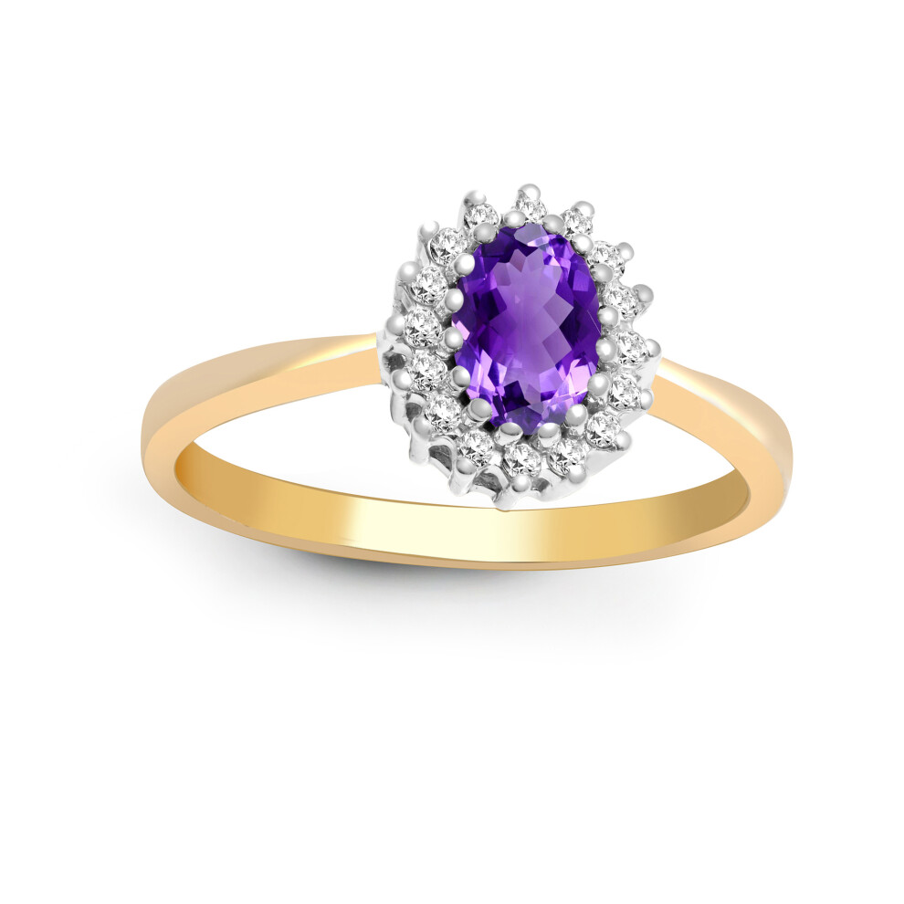 (J) Jewelco London 9ct Yellow Gold H I2 0.12ct Diamond and Oval Purple 0.44ct Amethyst Classic Royal Cluster Ring 9mm