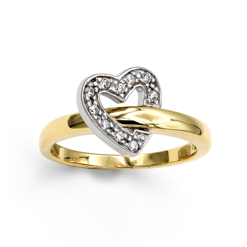 (J) Jewelco London Ladies Solid 9ct Yellow and White Gold White Round Brilliant Cubic Zirconia Flip-Over Heart Wedding Ring