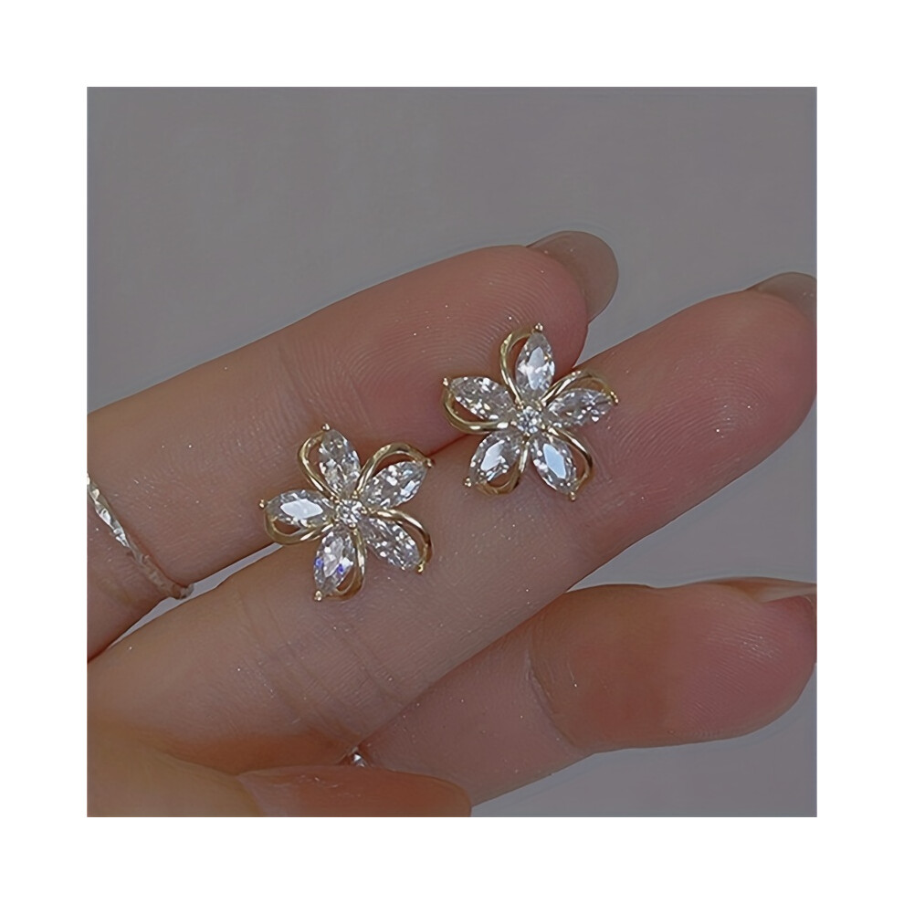 Japanese And Korean Style Five Petal Zircon Flower Shaped Stud Earrings Full Of Sparkling Zircon Dating Earrings Delicate Gifts - Image 5