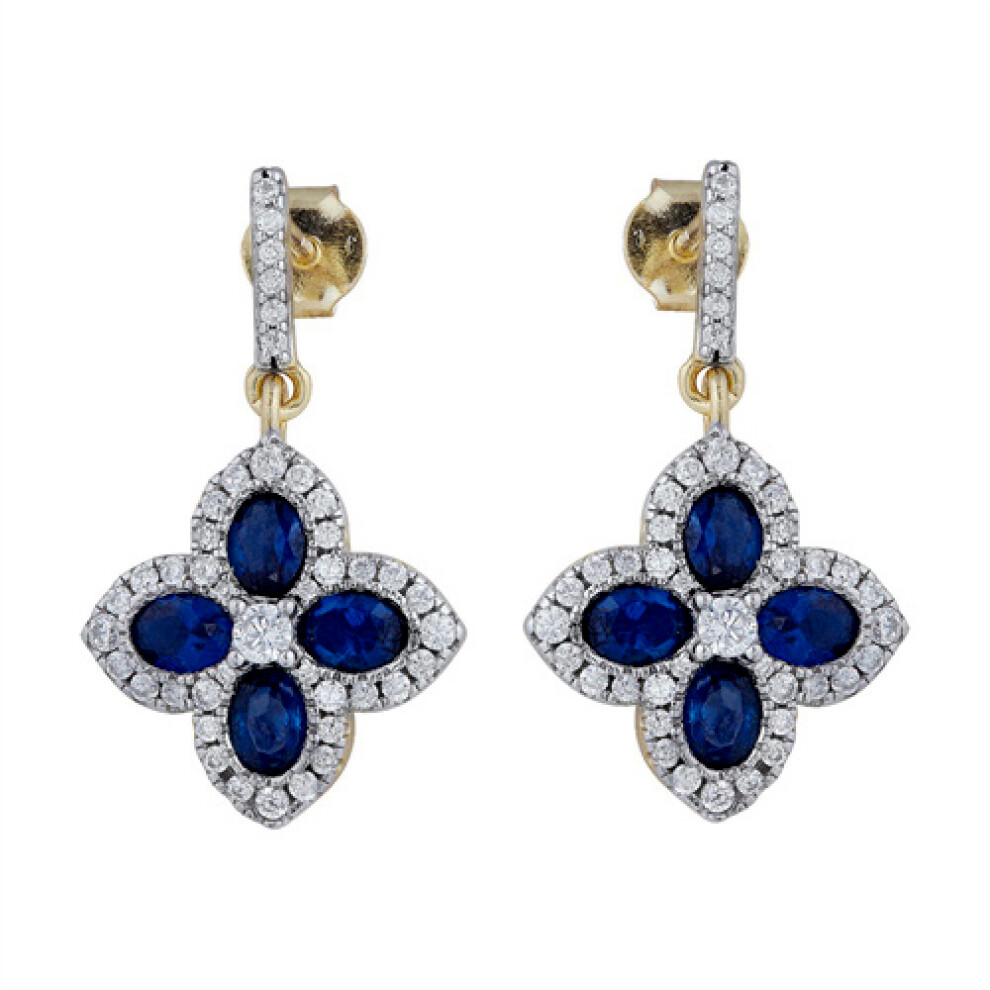 Jewelco London 14k Gold-plated Silver Blue Oval CZ Pointed Quatrefoil Clover Hanging Drop Earrings - AES226B