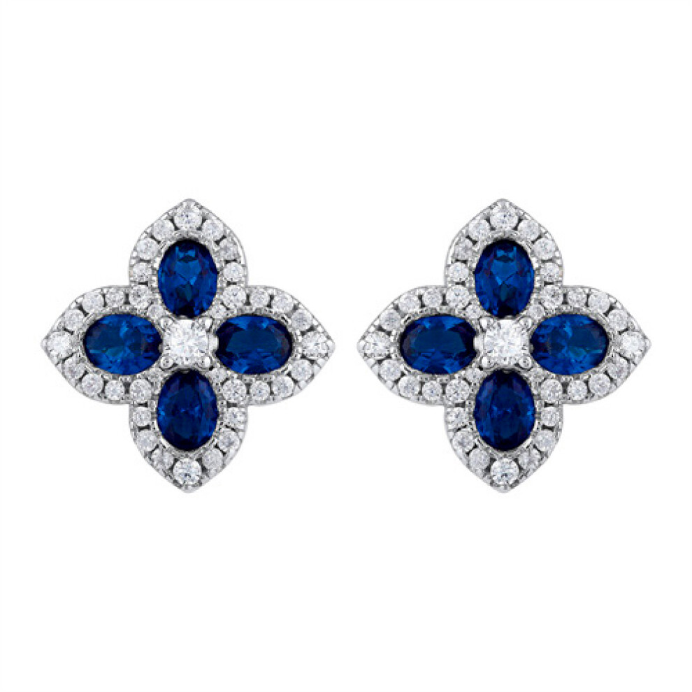 Jewelco London 14k Gold-plated Silver Blue Oval CZ Pointed Quatrefoil Clover Stud Earrings - AES227B