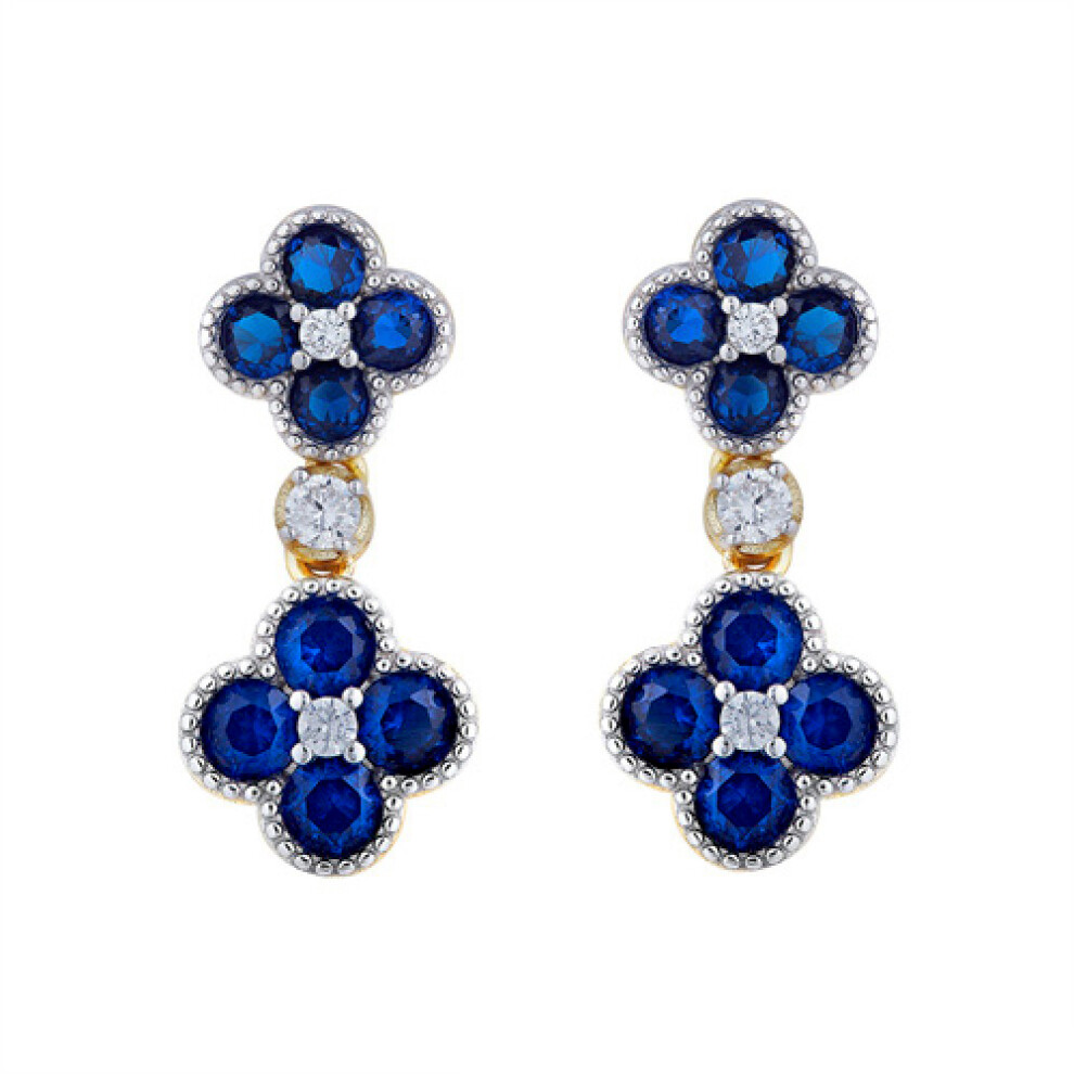 Jewelco London 14k Gold-plated Silver Blue Round Brilliant CZ Double Clover Solitaire Drop Earrings - AES229B