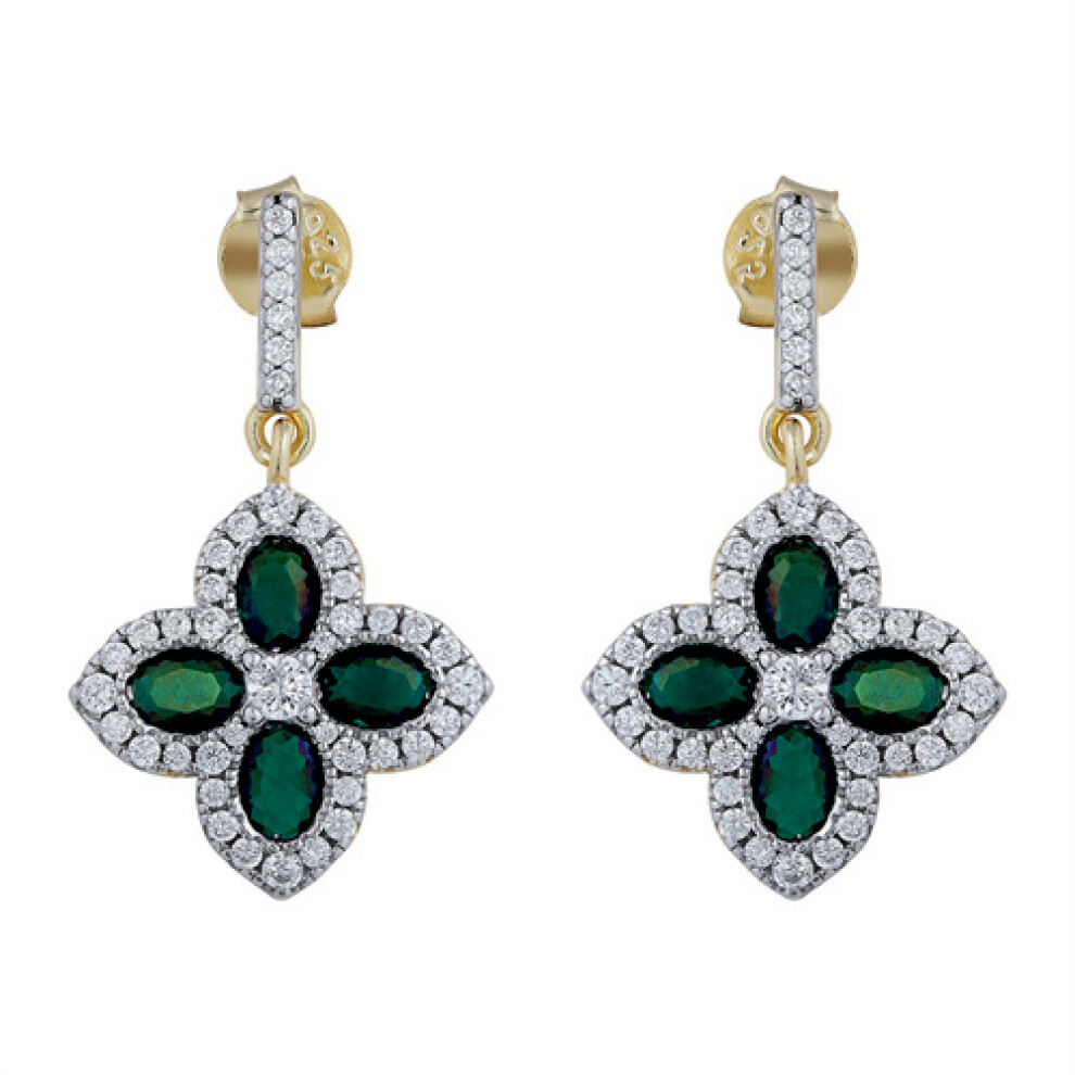 Jewelco London 14k Gold-plated Silver Green Oval CZ Pointed Quatrefoil Clover Hanging Drop Earrings - AES226G