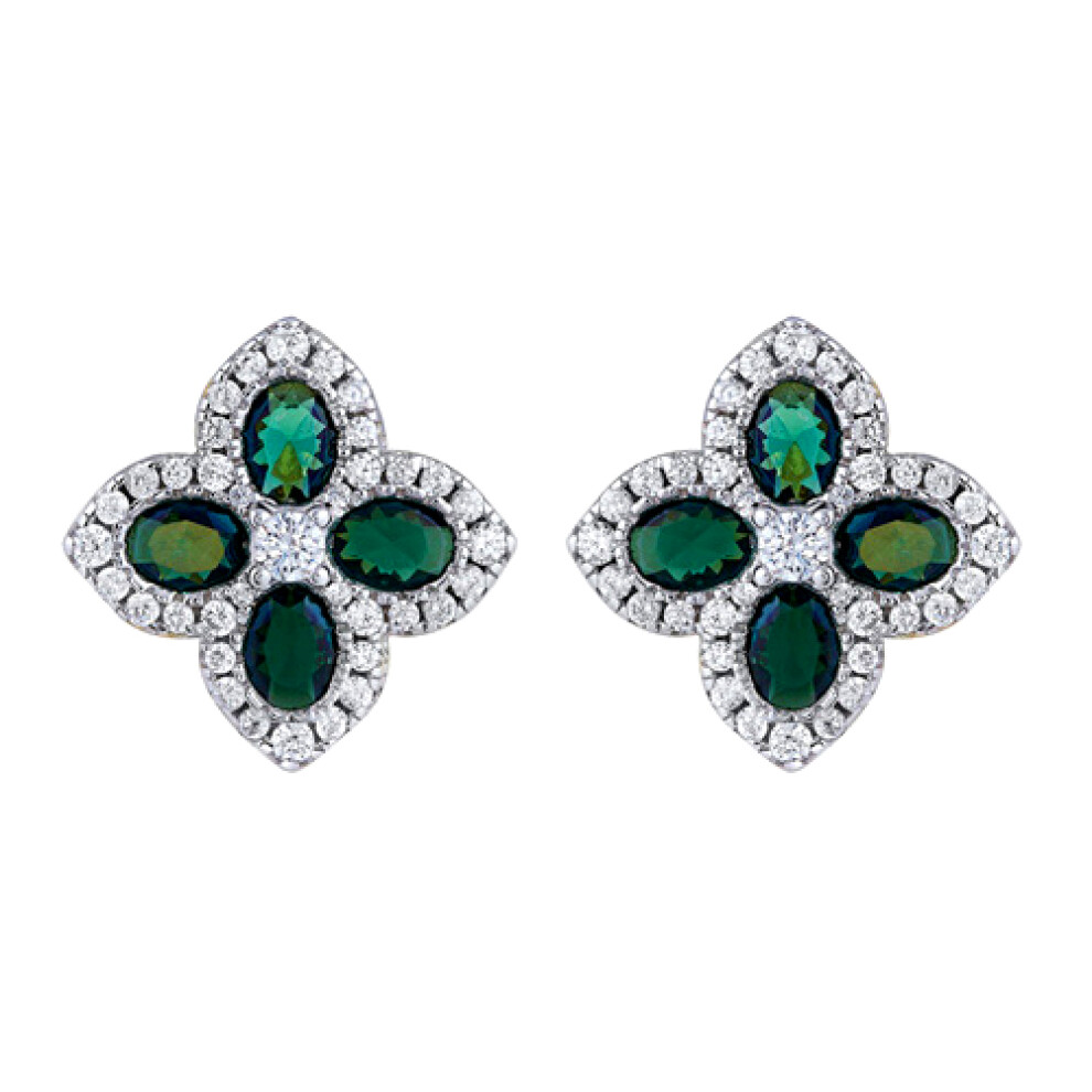 Jewelco London 14k Gold-plated Silver Green Oval CZ Pointed Quatrefoil Clover Stud Earrings - AES227G