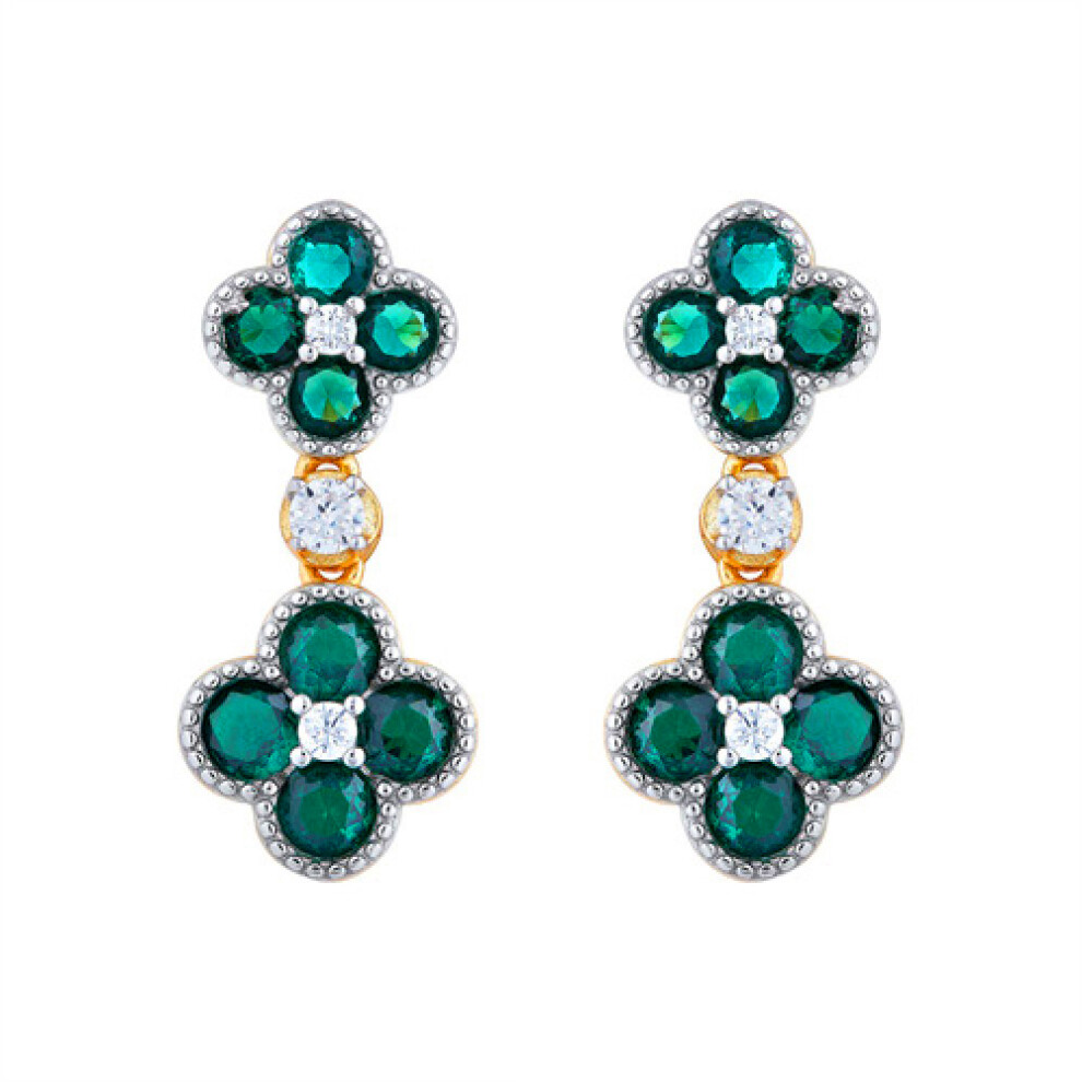 Jewelco London 14k Gold-plated Silver Green Round Brilliant CZ Double Clover Solitaire Drop Earrings - AES229G