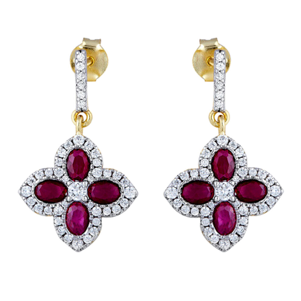 Jewelco London 14k Gold-plated Silver Red Oval CZ Pointed Quatrefoil Clover Hanging Drop Earrings - AES226R