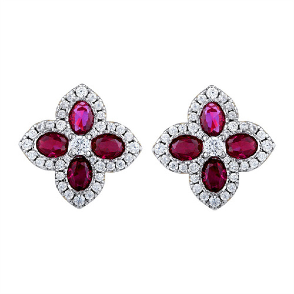 Jewelco London 14k Gold-plated Silver Red Oval CZ Pointed Quatrefoil Clover Stud Earrings - AES227R