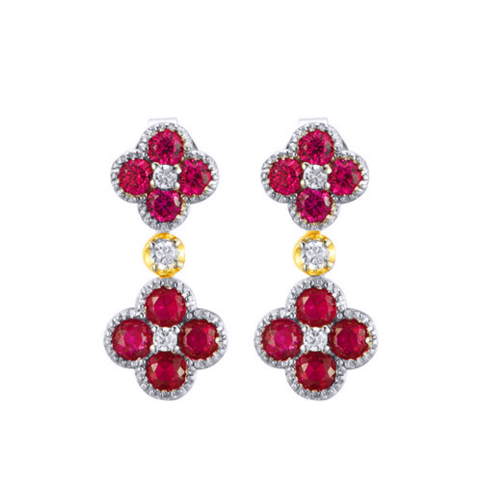 Jewelco London 14k Gold-plated Silver Red Round Brilliant CZ Double Clover Solitaire Drop Earrings - AES229R