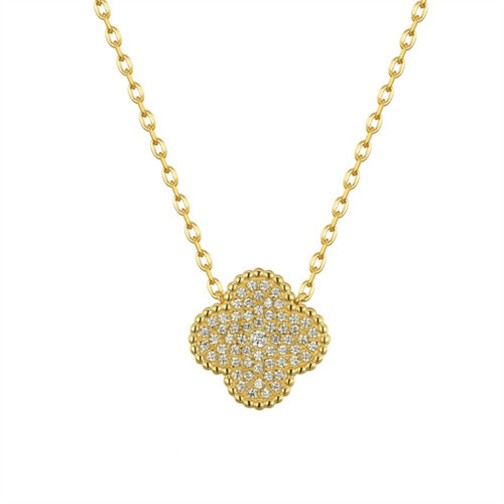 14k Gold-plated Silver Round CZ Encrusted Bead Edge Clover Pendant Necklace - ANC079