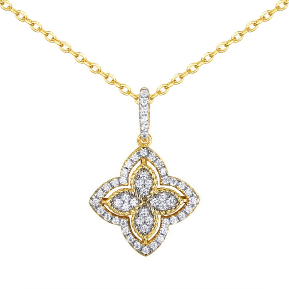 14k Gold-plated Silver Round CZ Pointed Quatrefoil Clover Pendant Necklace - ANC075