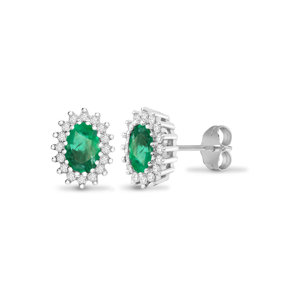 Jewelco London 9ct White Gold Cluster Set Round H I2 0.25ct Diamond and Oval Green 1ct Emerald Cluster Stud Earrings - 9E115