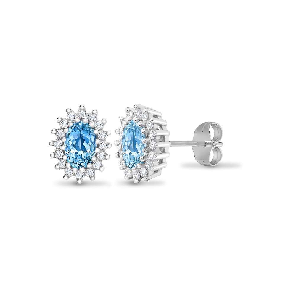 Jewelco London 9ct White Gold Cluster Set Round H SI 0.25ct Diamond and Oval Blue 1.1ct Topaz Cluster Stud Earrings - 9E109